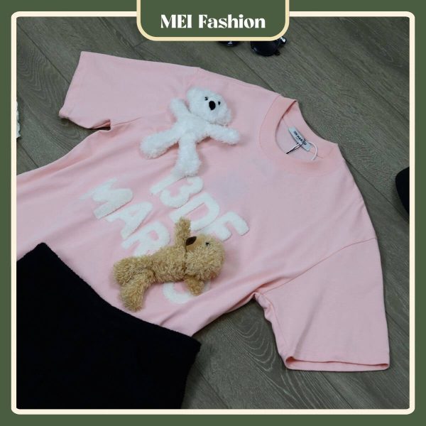 AT01 Áo thun nữ tay lỡ gắn gấu,MEI Fashion,Áo thun nữ,Thời trang nữ