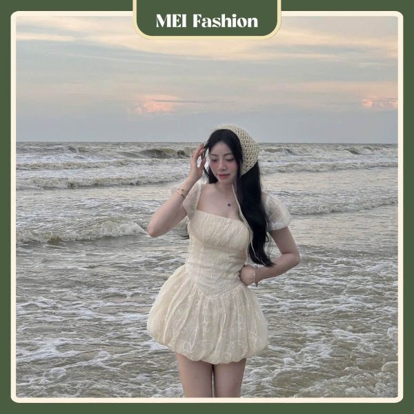 D02 4 đầm tay bồng thêu hoa