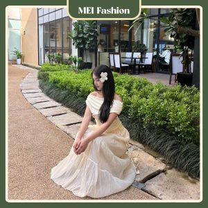Set áo trễ vai mix chân váy dài