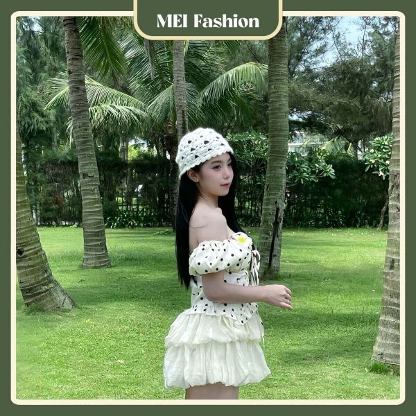 SV03 3 1 Set áo trễ vai chấm bi phối váy,MEI Fashion,Áo trễ vai