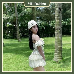 SV03 4 1 Set áo trễ vai chấm bi phối váy,MEI Fashion,Áo trễ vai