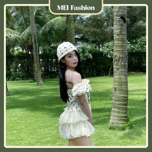 SV03 4 1 Set áo trễ vai chấm bi phối váy,MEI Fashion,Áo trễ vai