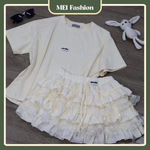 set áo kiểu Miu Miu mix váy tầng 
