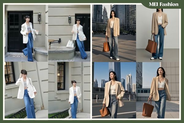 Blazer oversize + Quần short hoặc jeans